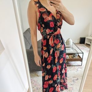 Navy Blue Floral Wrap Dress w/ Ruffle Frills